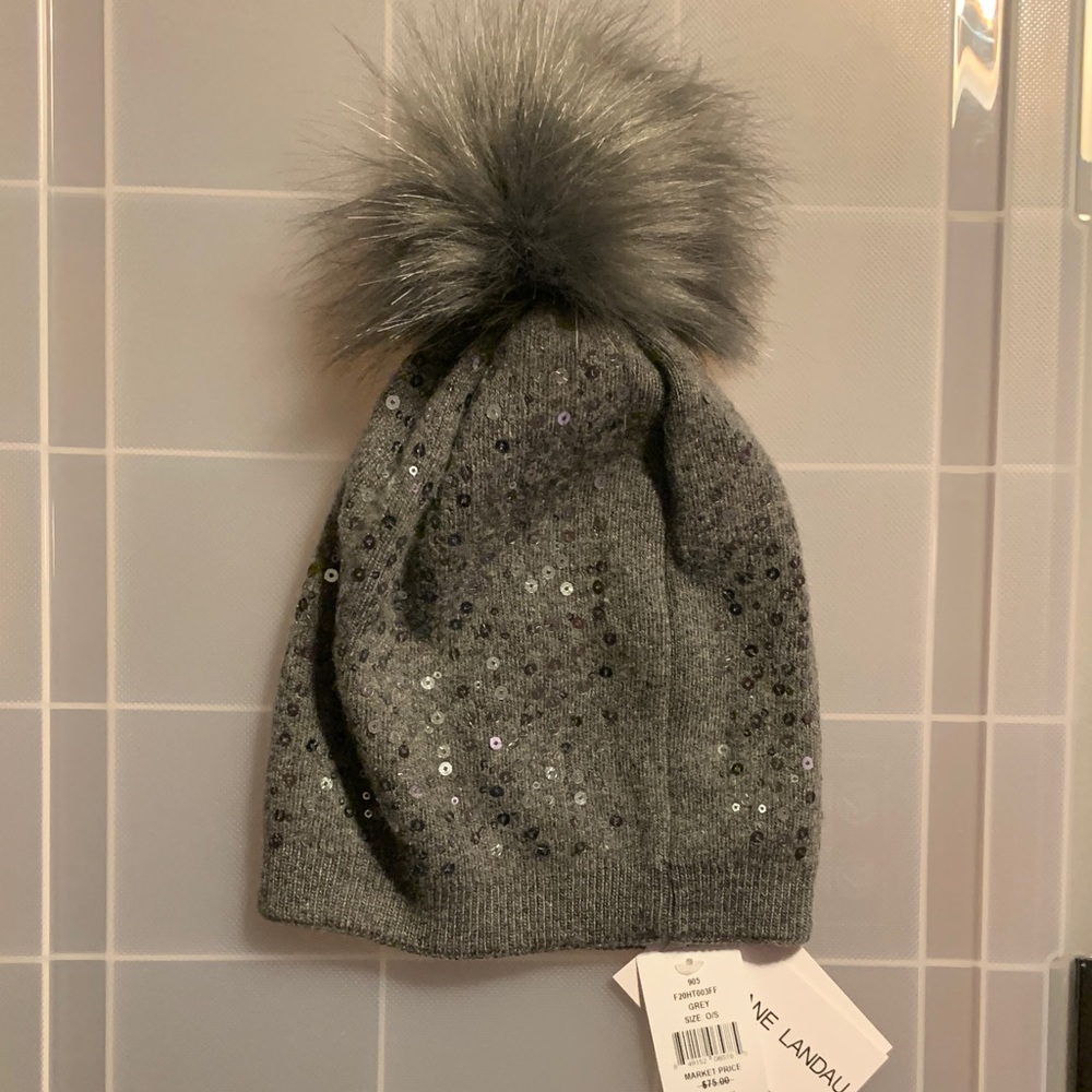 Gray Sequin Pom-Pom Beanie
